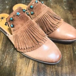 Otbt gleam tan boho western turquoise leather fringe mules